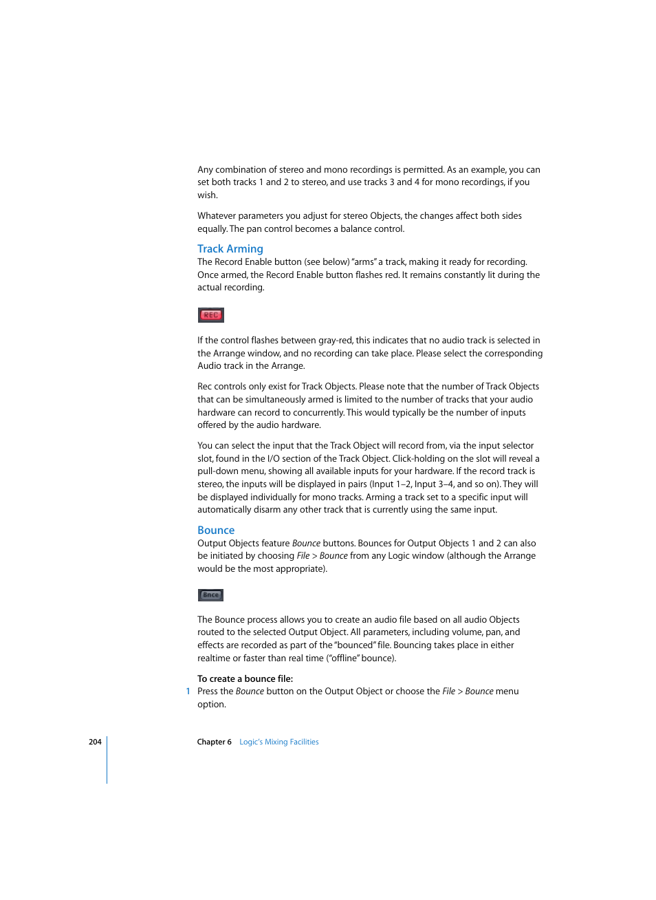 Track arming, Bounce | Apple Logic Express 7 User Manual | Page 204 / 522
