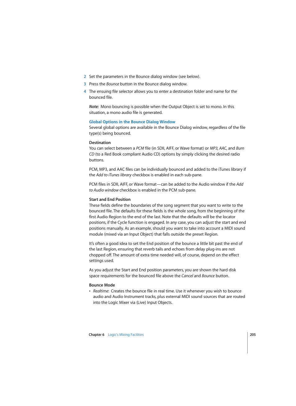 Global options in the bounce dialog window | Apple Logic Express 7 User Manual | Page 205 / 522