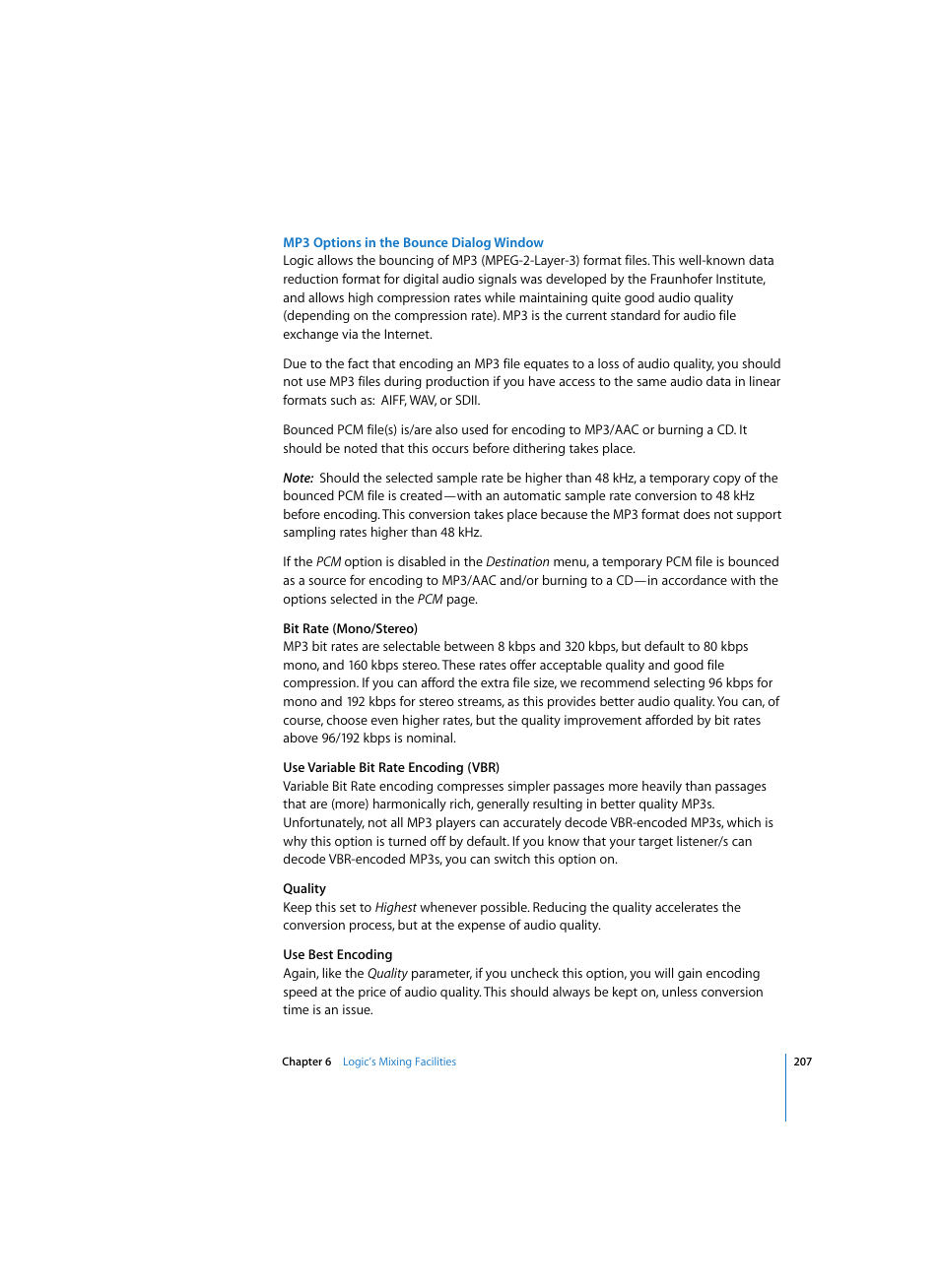 Mp3 options in the bounce dialog window | Apple Logic Express 7 User Manual | Page 207 / 522