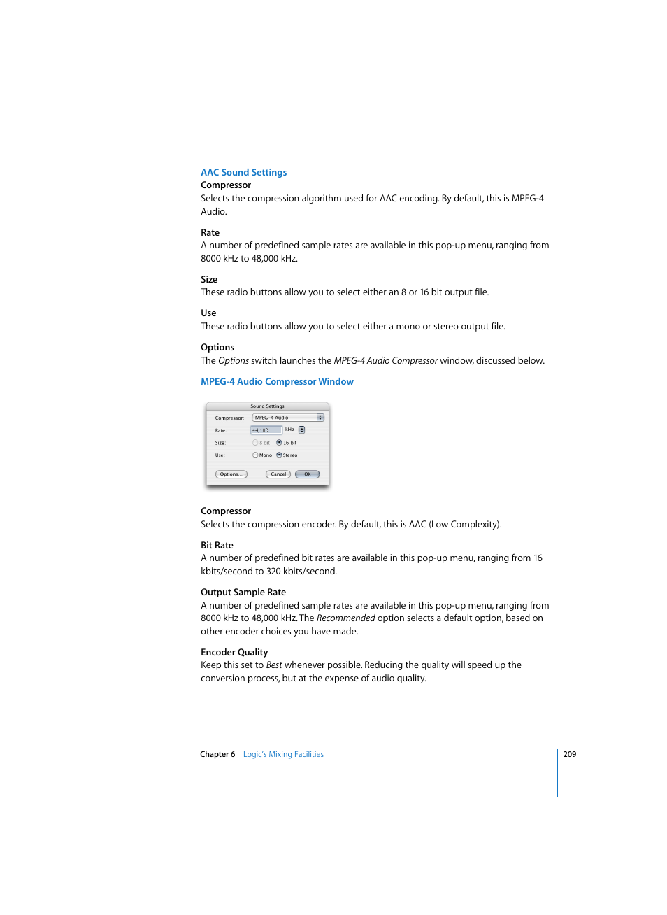 Aac sound settings, Mpeg-4 audio compressor window | Apple Logic Express 7 User Manual | Page 209 / 522