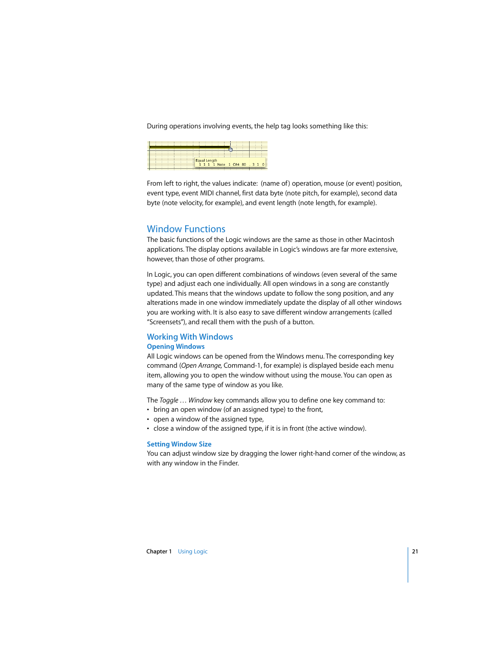 Window functions, Working with windows, Opening windows | Setting window size | Apple Logic Express 7 User Manual | Page 21 / 522