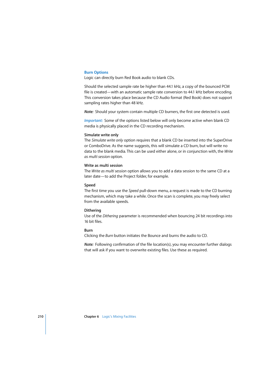 Burn options | Apple Logic Express 7 User Manual | Page 210 / 522