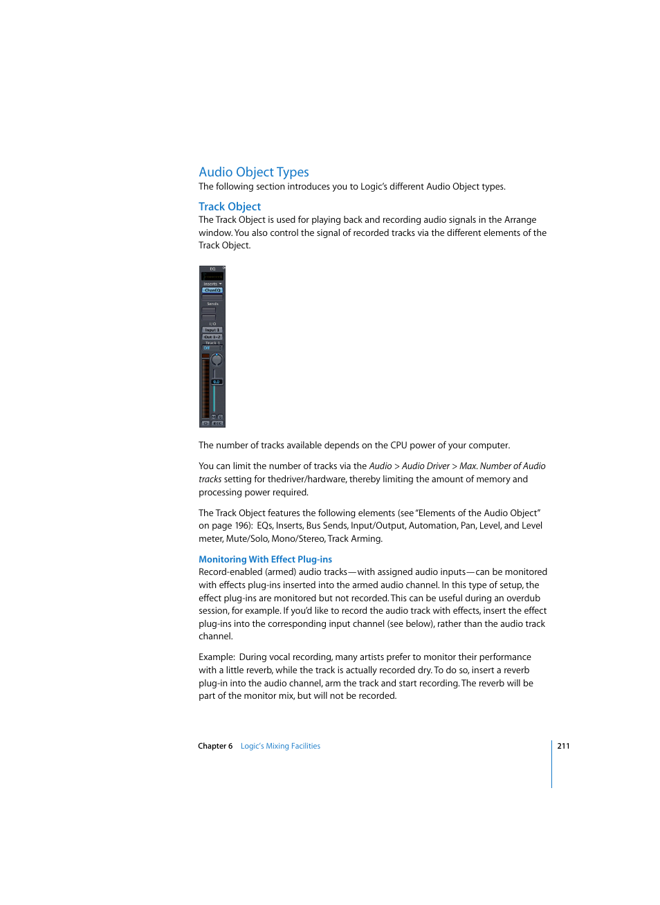 Audio object types, Track object, Monitoring with effect plug-ins | Apple Logic Express 7 User Manual | Page 211 / 522