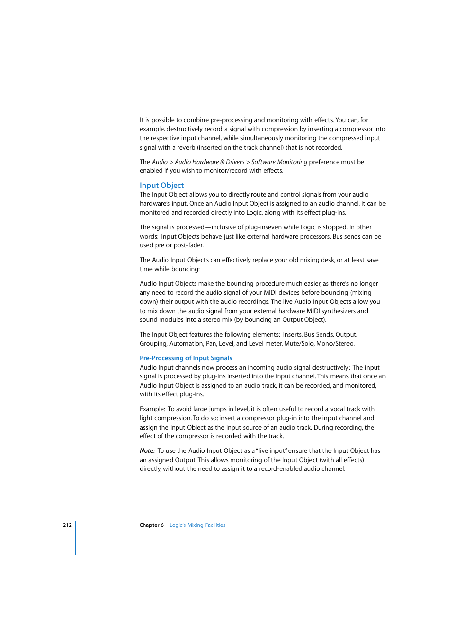 Input object, Pre-processing of input signals | Apple Logic Express 7 User Manual | Page 212 / 522