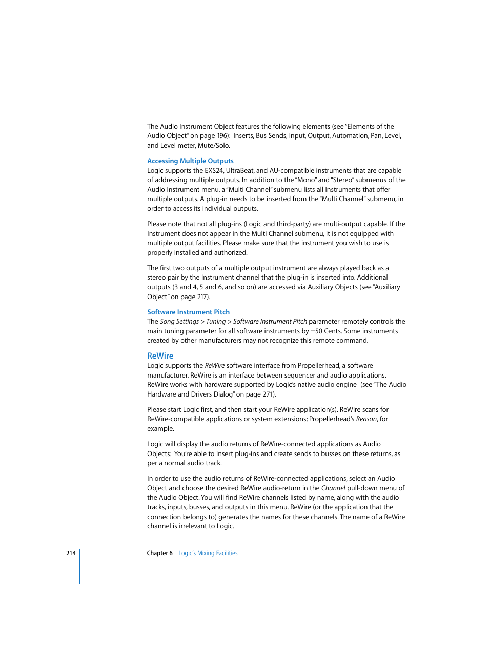 Accessing multiple outputs, Software instrument pitch, Rewire | Apple Logic Express 7 User Manual | Page 214 / 522