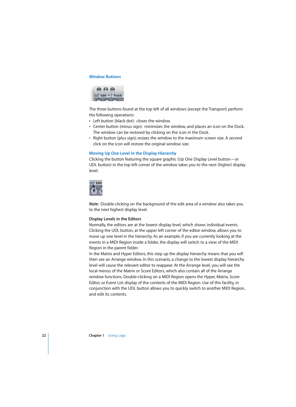 Window buttons, Moving up one level in the display hierarchy | Apple Logic Express 7 User Manual | Page 22 / 522