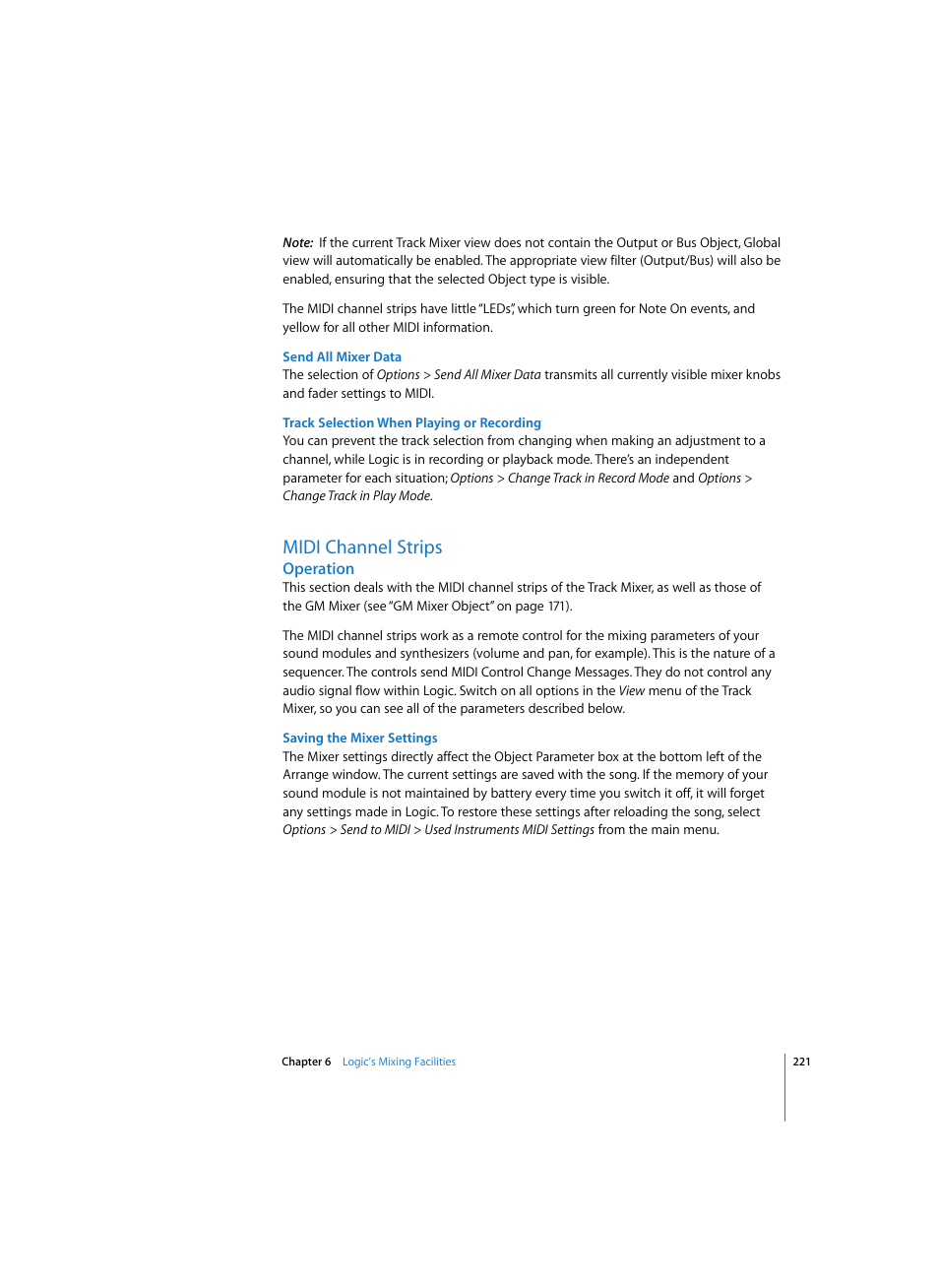 Send all mixer data, Track selection when playing or recording, Midi channel strips | Operation, Saving the mixer settings | Apple Logic Express 7 User Manual | Page 221 / 522