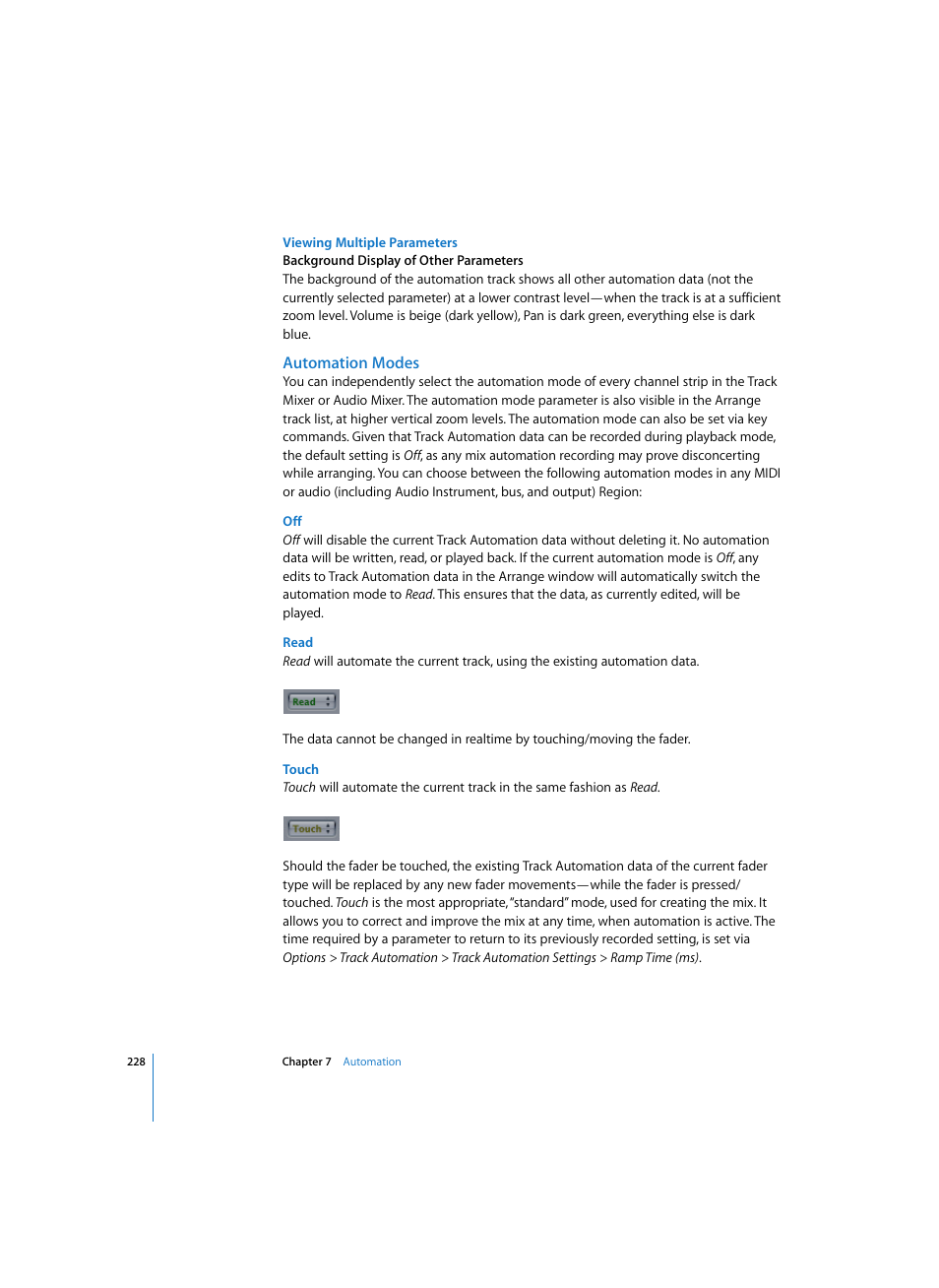Viewing multiple parameters, Automation modes, Read | Touch | Apple Logic Express 7 User Manual | Page 228 / 522