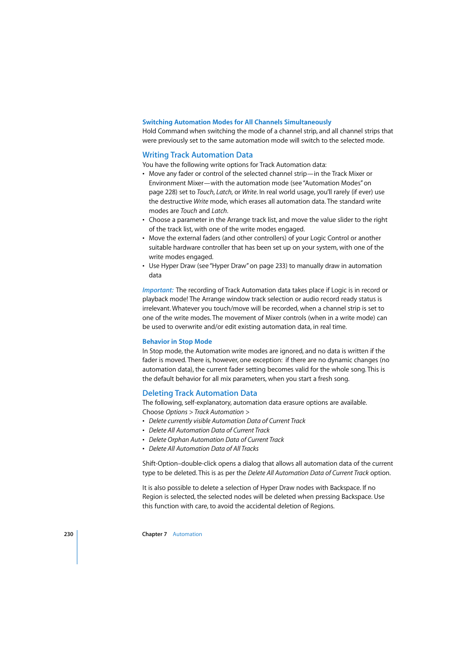 Writing track automation data, Behavior in stop mode, Deleting track automation data | Apple Logic Express 7 User Manual | Page 230 / 522