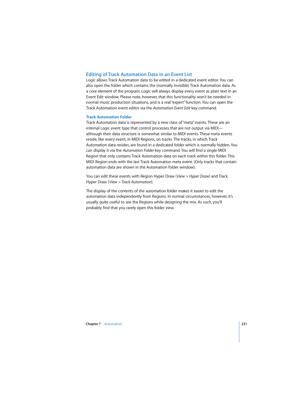 Editing of track automation data in an event list, Track automation folder | Apple Logic Express 7 User Manual | Page 231 / 522
