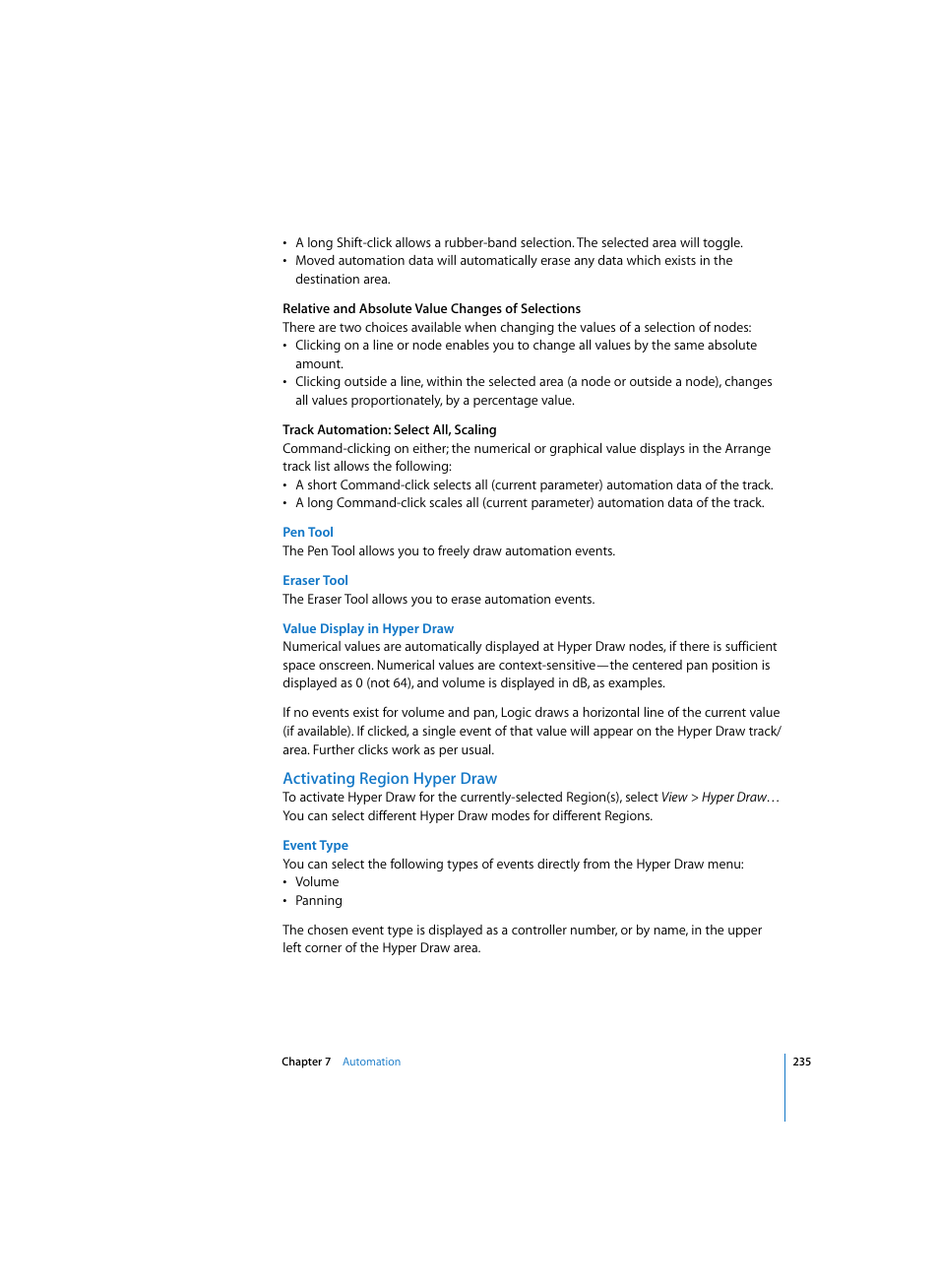 Pen tool, Eraser tool, Value display in hyper draw | Activating region hyper draw, Event type | Apple Logic Express 7 User Manual | Page 235 / 522