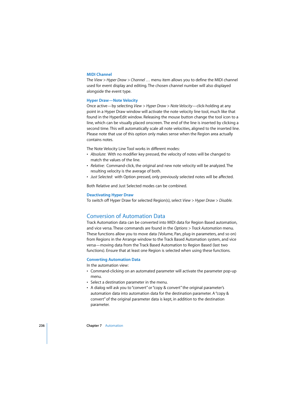 Midi channel, Hyper draw—note velocity, Deactivating hyper draw | Conversion of automation data, Converting automation data | Apple Logic Express 7 User Manual | Page 236 / 522