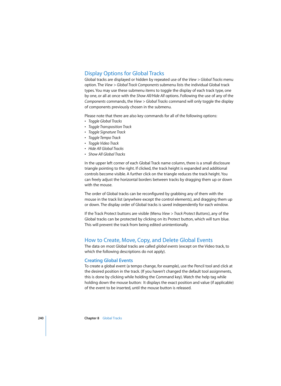 Display options for global tracks, Creating global events | Apple Logic Express 7 User Manual | Page 240 / 522