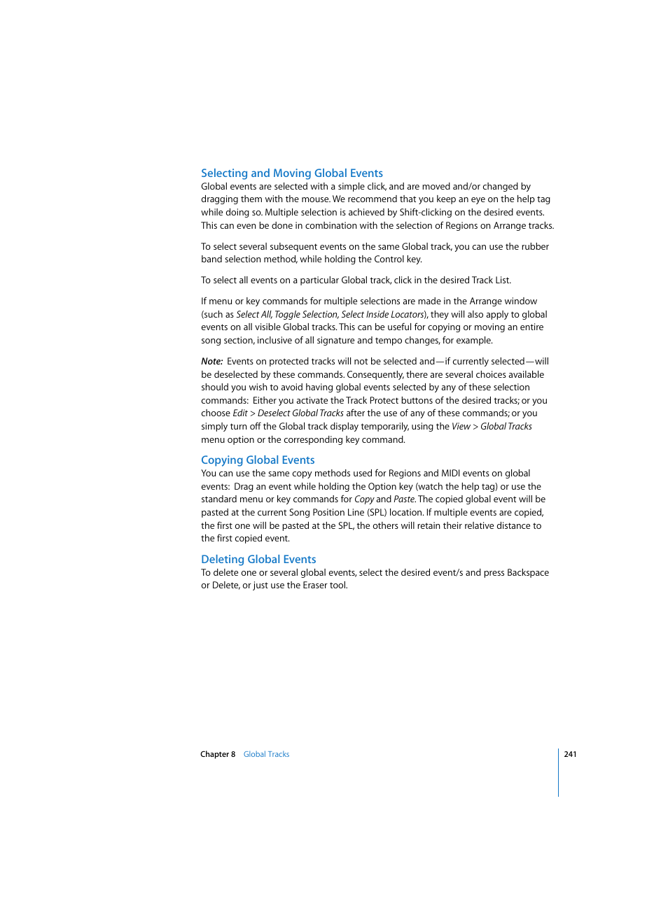 Selecting and moving global events, Copying global events, Deleting global events | Apple Logic Express 7 User Manual | Page 241 / 522