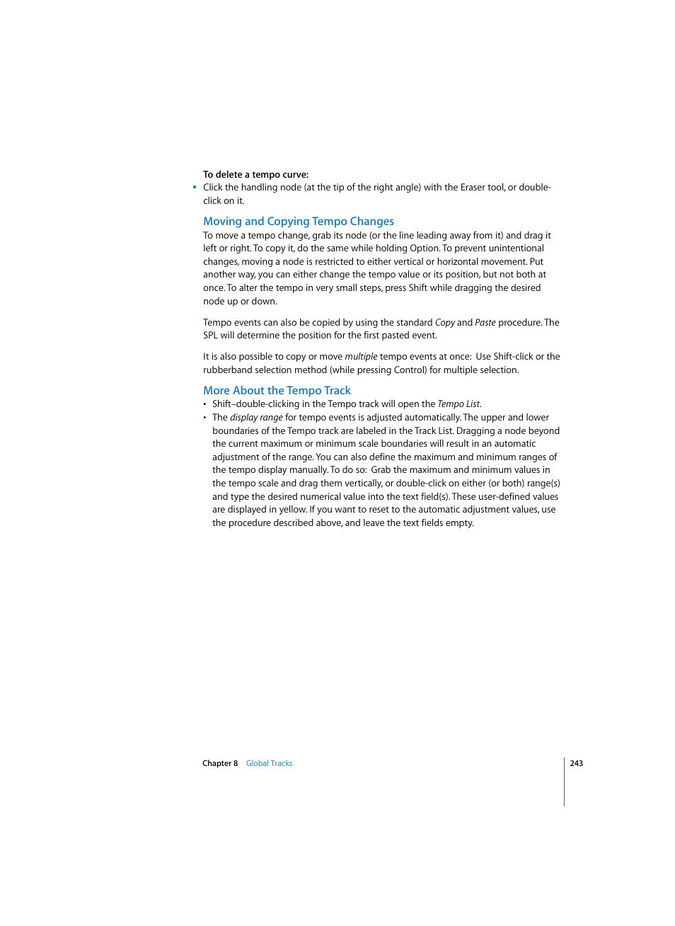 Moving and copying tempo changes, More about the tempo track | Apple Logic Express 7 User Manual | Page 243 / 522