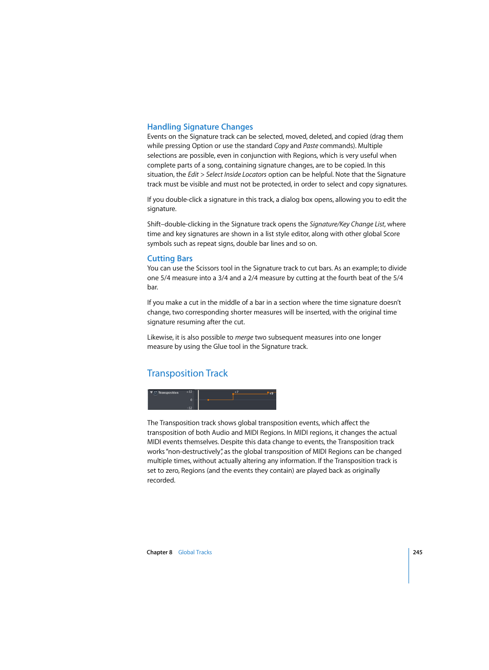 Handling signature changes, Cutting bars, Transposition track | Apple Logic Express 7 User Manual | Page 245 / 522