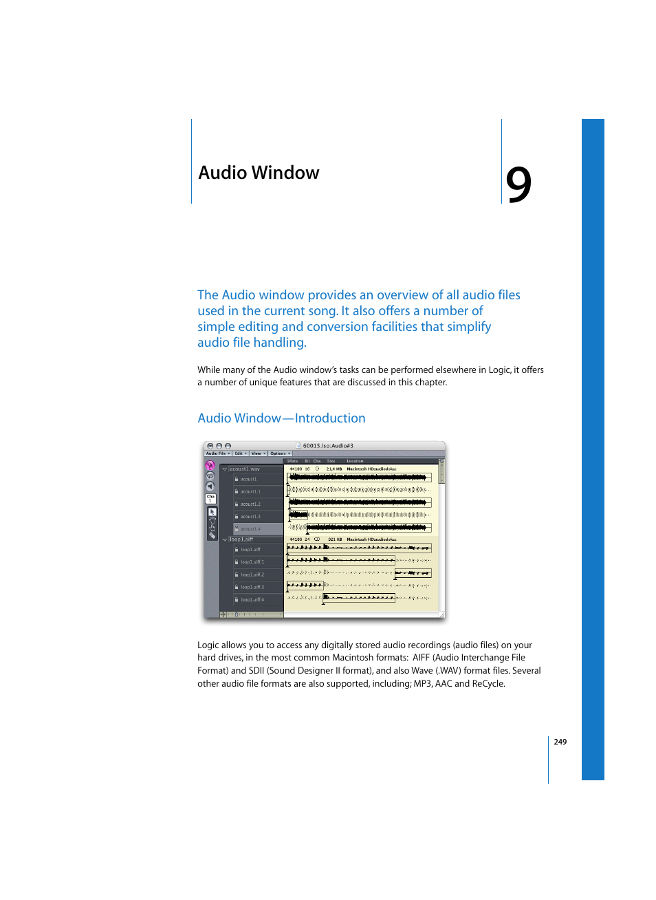 Audio window, Audio window—introduction | Apple Logic Express 7 User Manual | Page 249 / 522