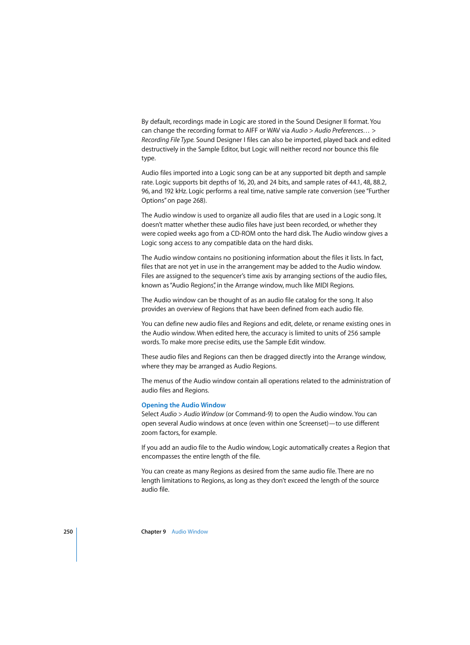 Opening the audio window | Apple Logic Express 7 User Manual | Page 250 / 522
