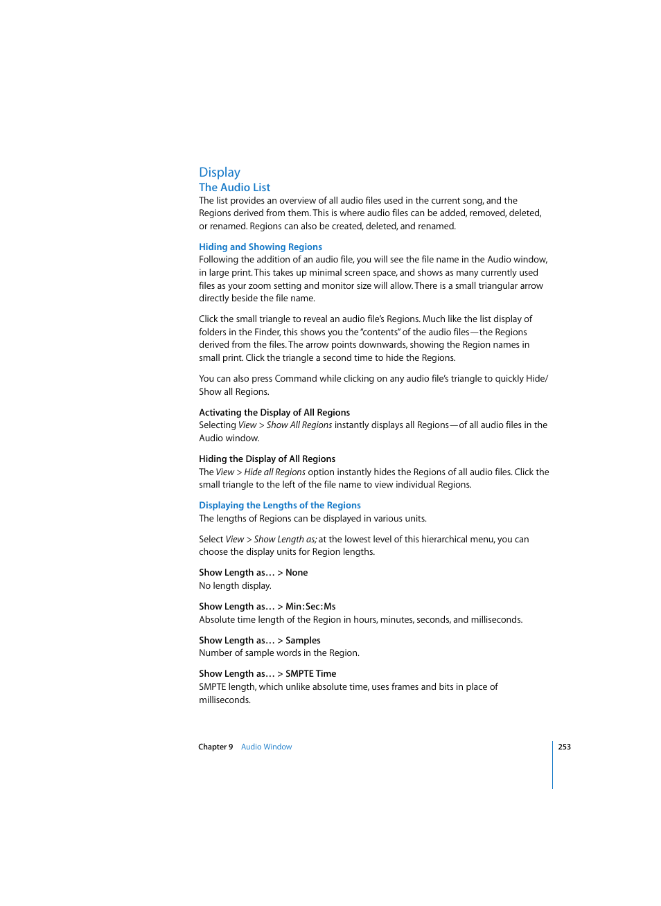 Display, The audio list, Hiding and showing regions | Displaying the lengths of the regions | Apple Logic Express 7 User Manual | Page 253 / 522