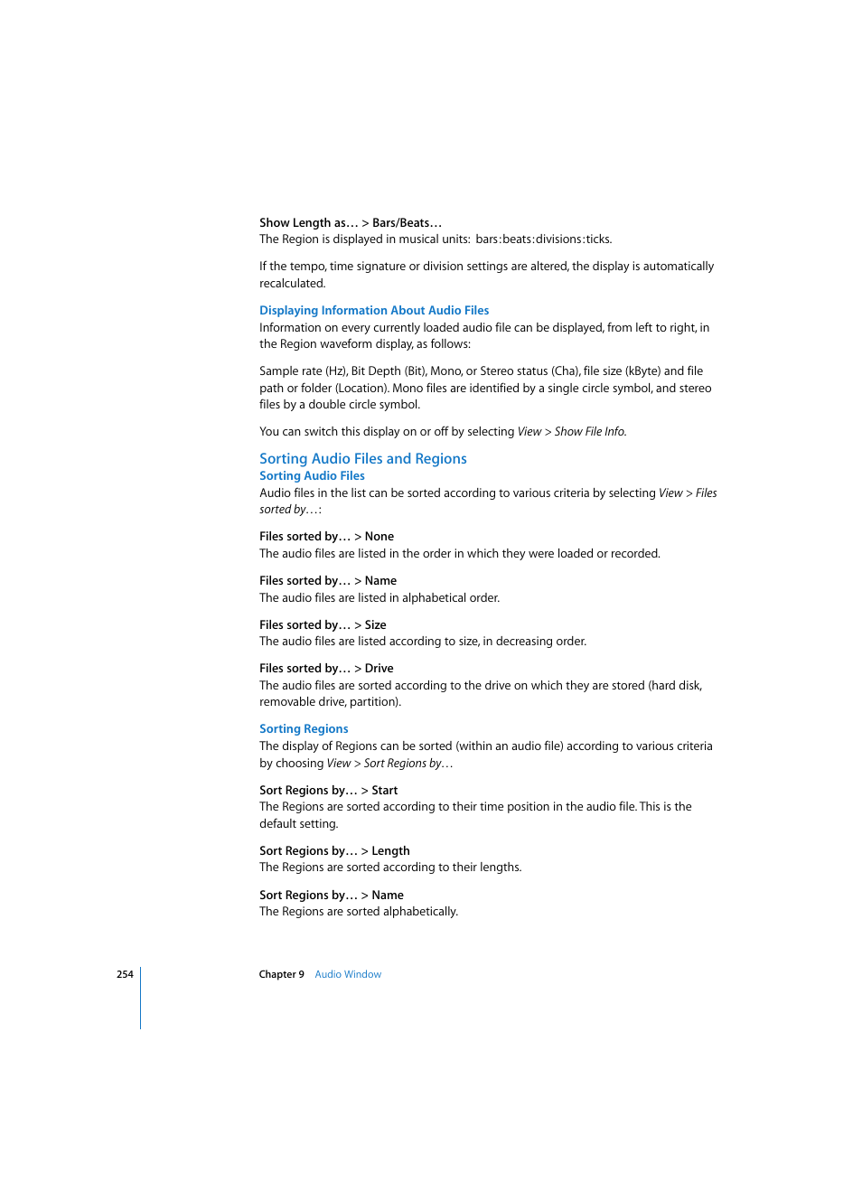 Displaying information about audio files, Sorting audio files and regions, Sorting audio files | Sorting regions | Apple Logic Express 7 User Manual | Page 254 / 522