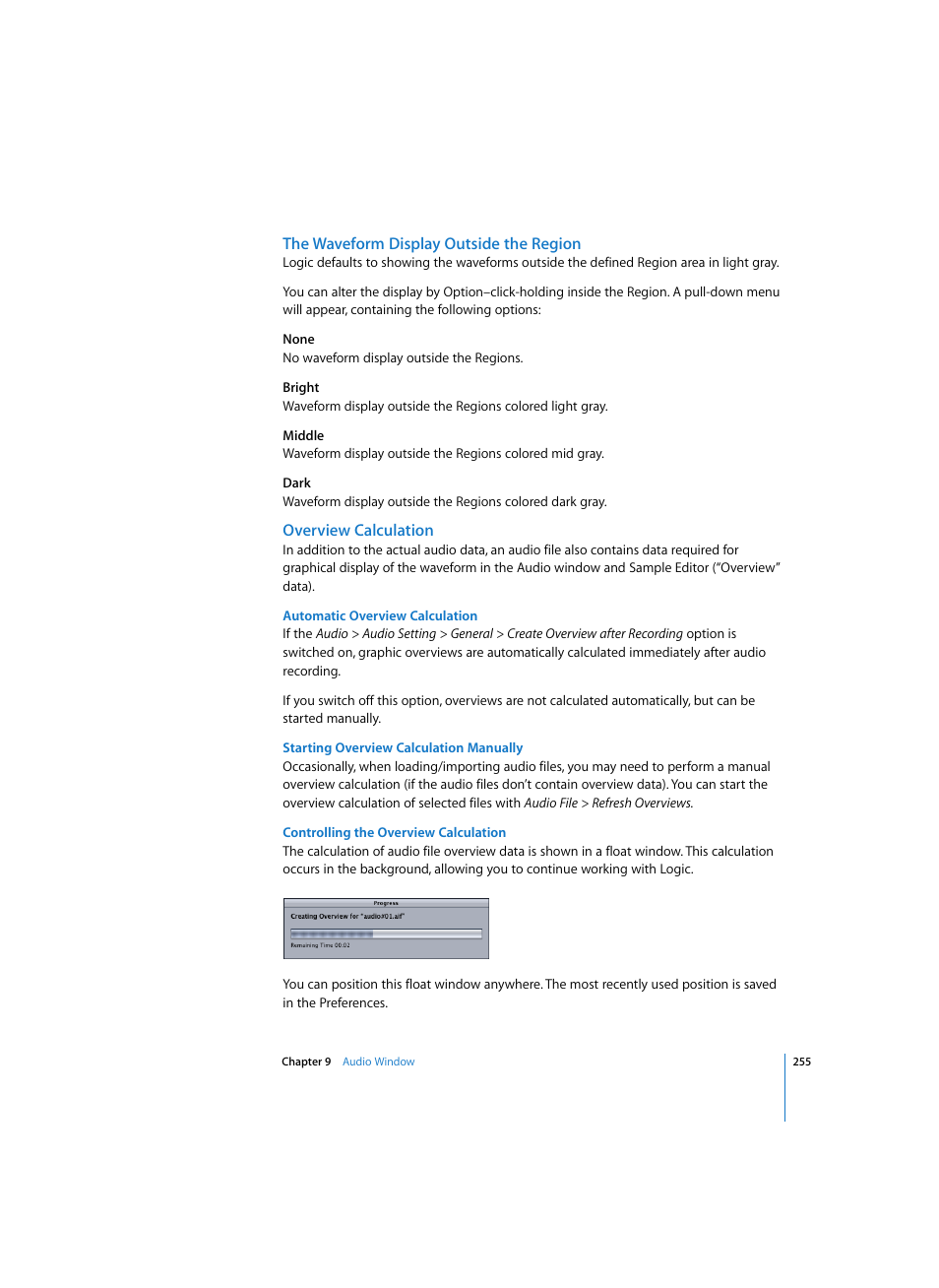 The waveform display outside the region, Overview calculation, Automatic overview calculation | Starting overview calculation manually, Controlling the overview calculation | Apple Logic Express 7 User Manual | Page 255 / 522
