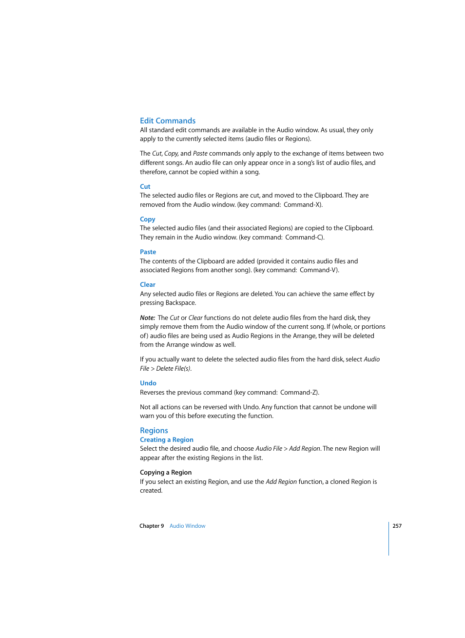 Edit commands, Copy, Paste | Clear, Undo, Regions, Creating a region | Apple Logic Express 7 User Manual | Page 257 / 522