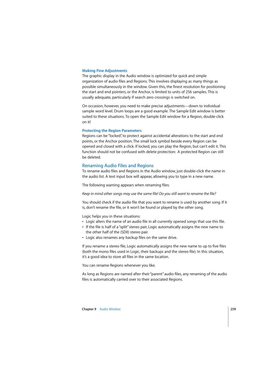 Making fine adjustments, Protecting the region parameters, Renaming audio files and regions | Apple Logic Express 7 User Manual | Page 259 / 522
