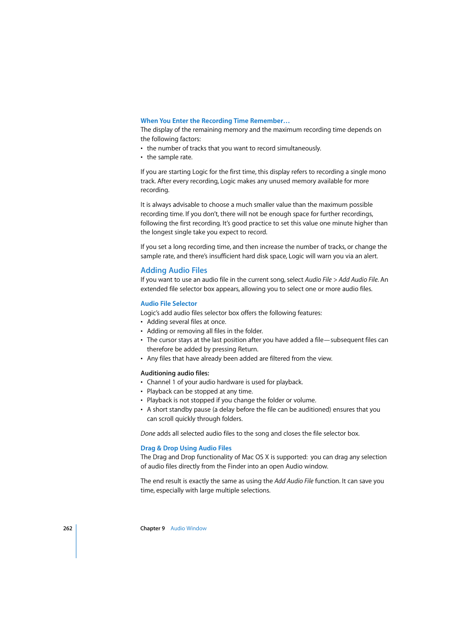 When you enter the recording time remember, Adding audio files, Audio file selector | Drag & drop using audio files | Apple Logic Express 7 User Manual | Page 262 / 522