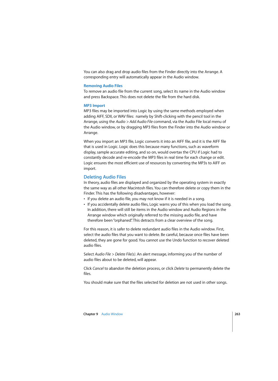 Removing audio files, Mp3 import, Deleting audio files | Apple Logic Express 7 User Manual | Page 263 / 522