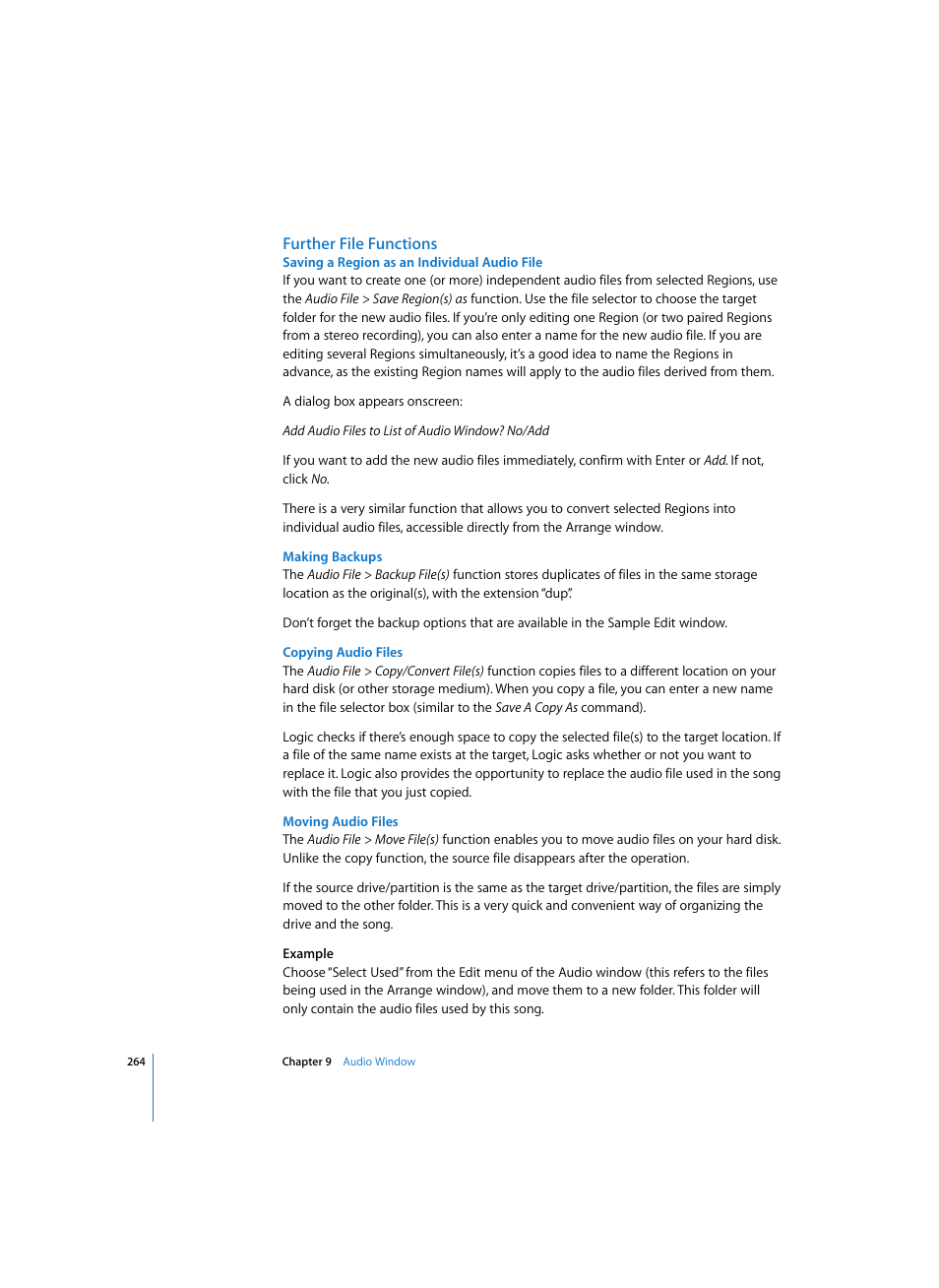 Further file functions, Saving a region as an individual audio file, Making backups | Copying audio files, Moving audio files | Apple Logic Express 7 User Manual | Page 264 / 522