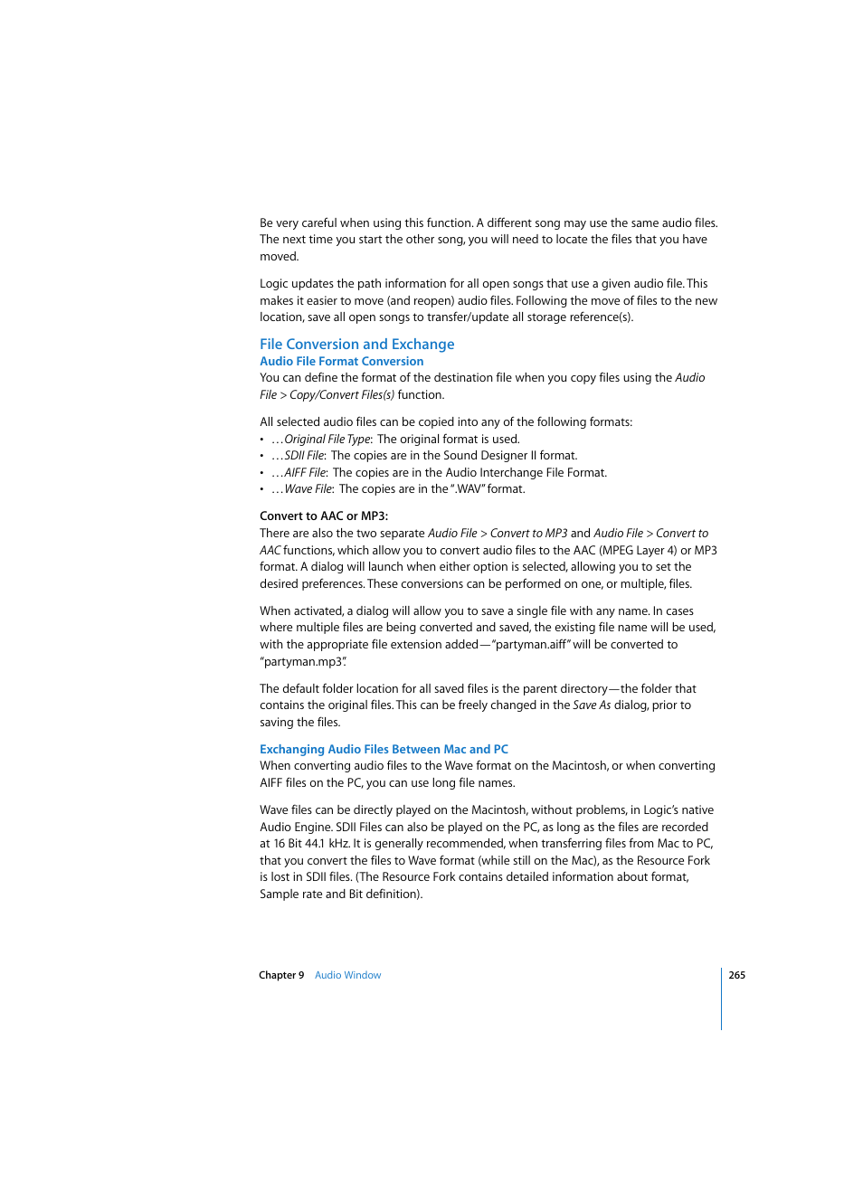 File conversion and exchange, Audio file format conversion, Exchanging audio files between mac and pc | Apple Logic Express 7 User Manual | Page 265 / 522