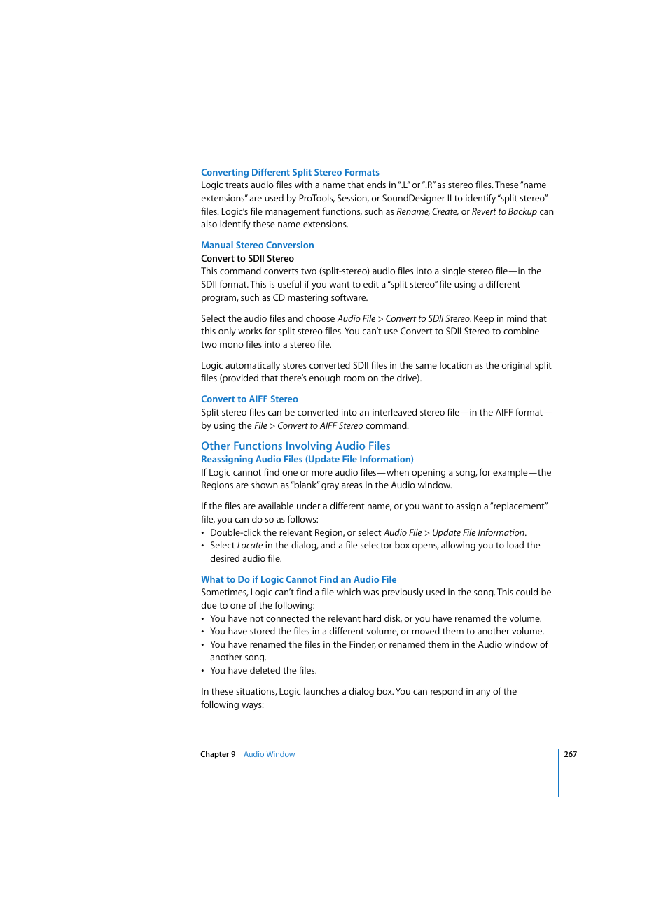 Converting different split stereo formats, Manual stereo conversion, Convert to aiff stereo | Other functions involving audio files, Reassigning audio files (update file information), What to do if logic cannot find an audio file | Apple Logic Express 7 User Manual | Page 267 / 522