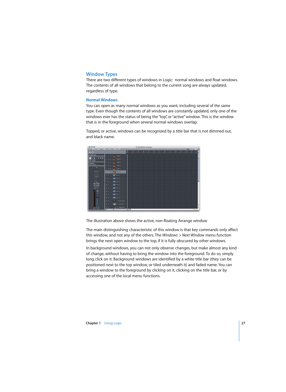 Window types, Normal windows | Apple Logic Express 7 User Manual | Page 27 / 522