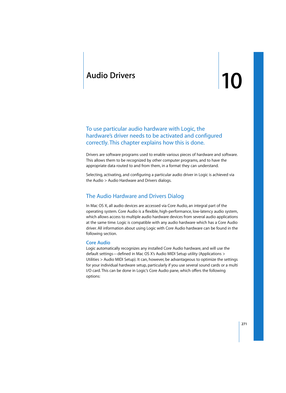 Audio drivers, The audio hardware and drivers dialog, Core audio | Apple Logic Express 7 User Manual | Page 271 / 522