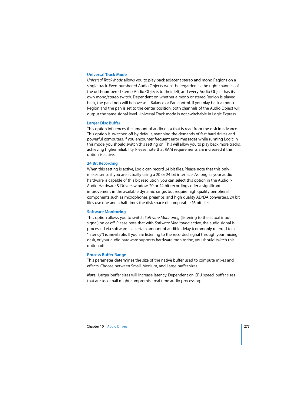 Universal track mode, Larger disc buffer, 24 bit recording | Software monitoring, Process buffer range | Apple Logic Express 7 User Manual | Page 273 / 522