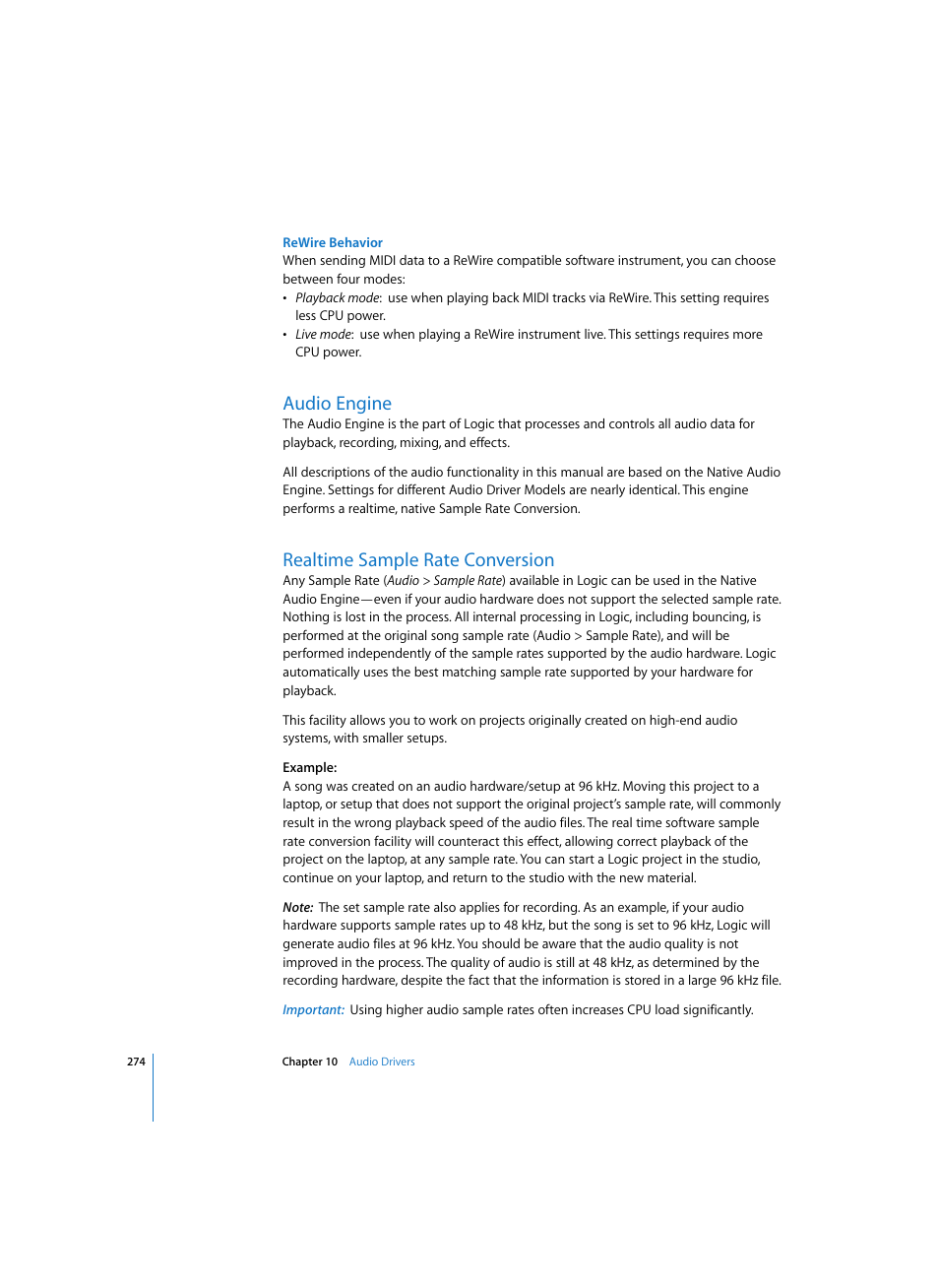Rewire behavior, Audio engine, Realtime sample rate conversion | Apple Logic Express 7 User Manual | Page 274 / 522