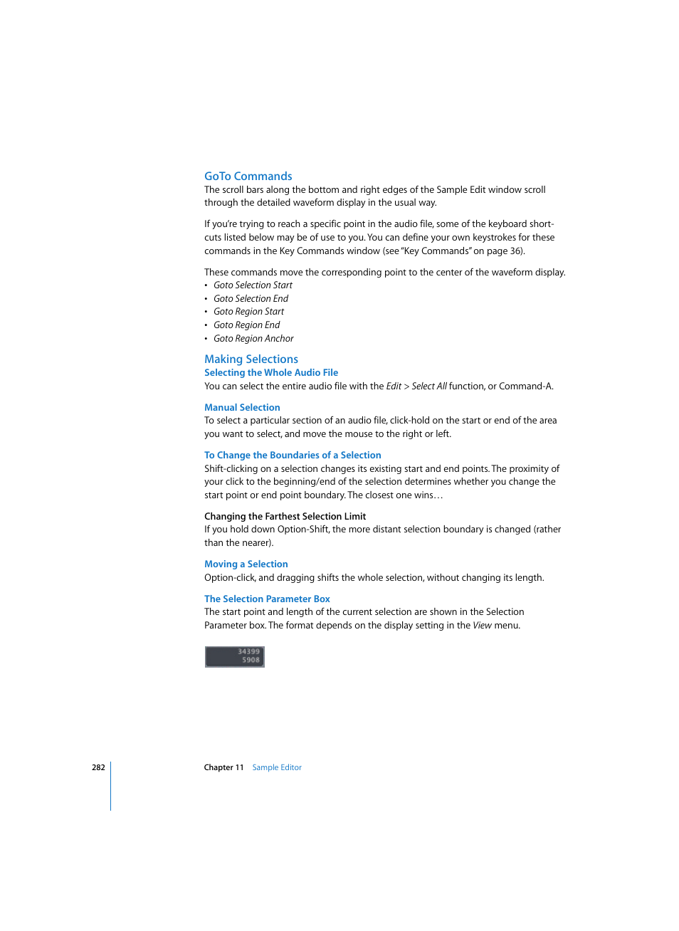 Goto commands, Making selections, Selecting the whole audio file | Manual selection, To change the boundaries of a selection, Moving a selection, The selection parameter box | Apple Logic Express 7 User Manual | Page 282 / 522