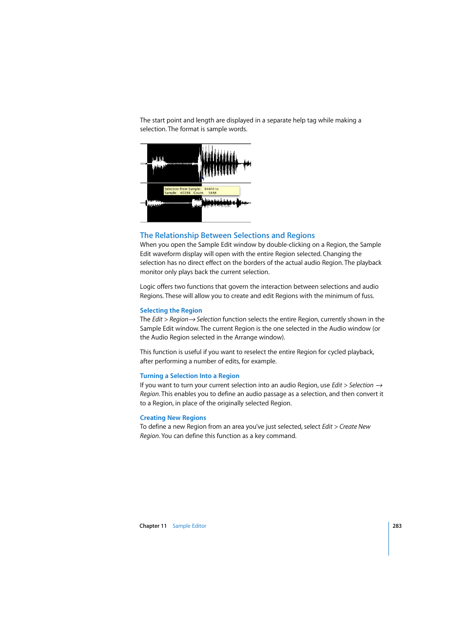 The relationship between selections and regions, Selecting the region, Turning a selection into a region | Creating new regions | Apple Logic Express 7 User Manual | Page 283 / 522