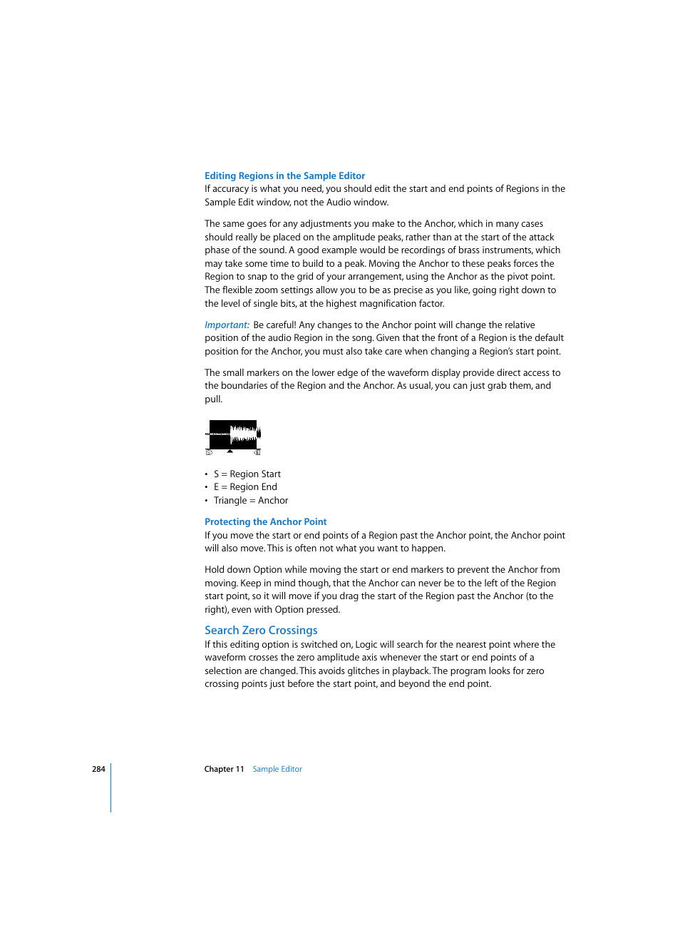 Editing regions in the sample editor, Protecting the anchor point, Search zero crossings | Apple Logic Express 7 User Manual | Page 284 / 522