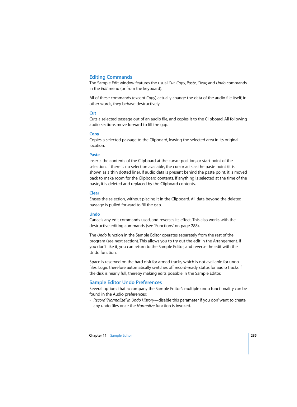 Editing commands, Copy, Paste | Clear, Undo, Sample editor undo preferences | Apple Logic Express 7 User Manual | Page 285 / 522