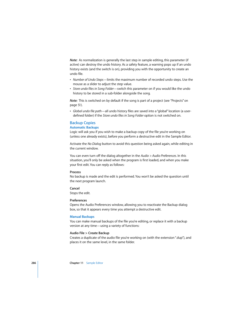 Backup copies, Automatic backups, Manual backups | Apple Logic Express 7 User Manual | Page 286 / 522
