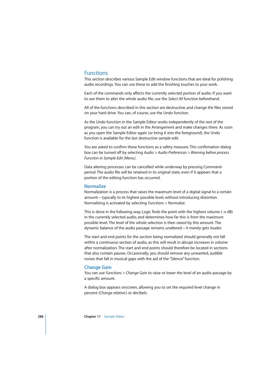 Functions, Normalize, Change gain | Apple Logic Express 7 User Manual | Page 288 / 522