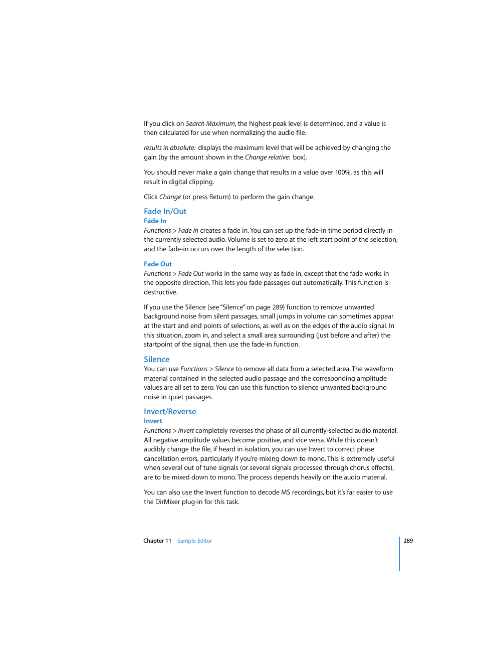Fade in/out, Fade in, Fade out | Silence, Invert/reverse, Invert | Apple Logic Express 7 User Manual | Page 289 / 522