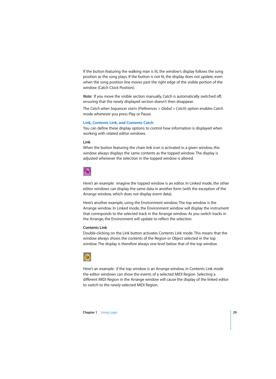 Link, contents link, and contents catch | Apple Logic Express 7 User Manual | Page 29 / 522