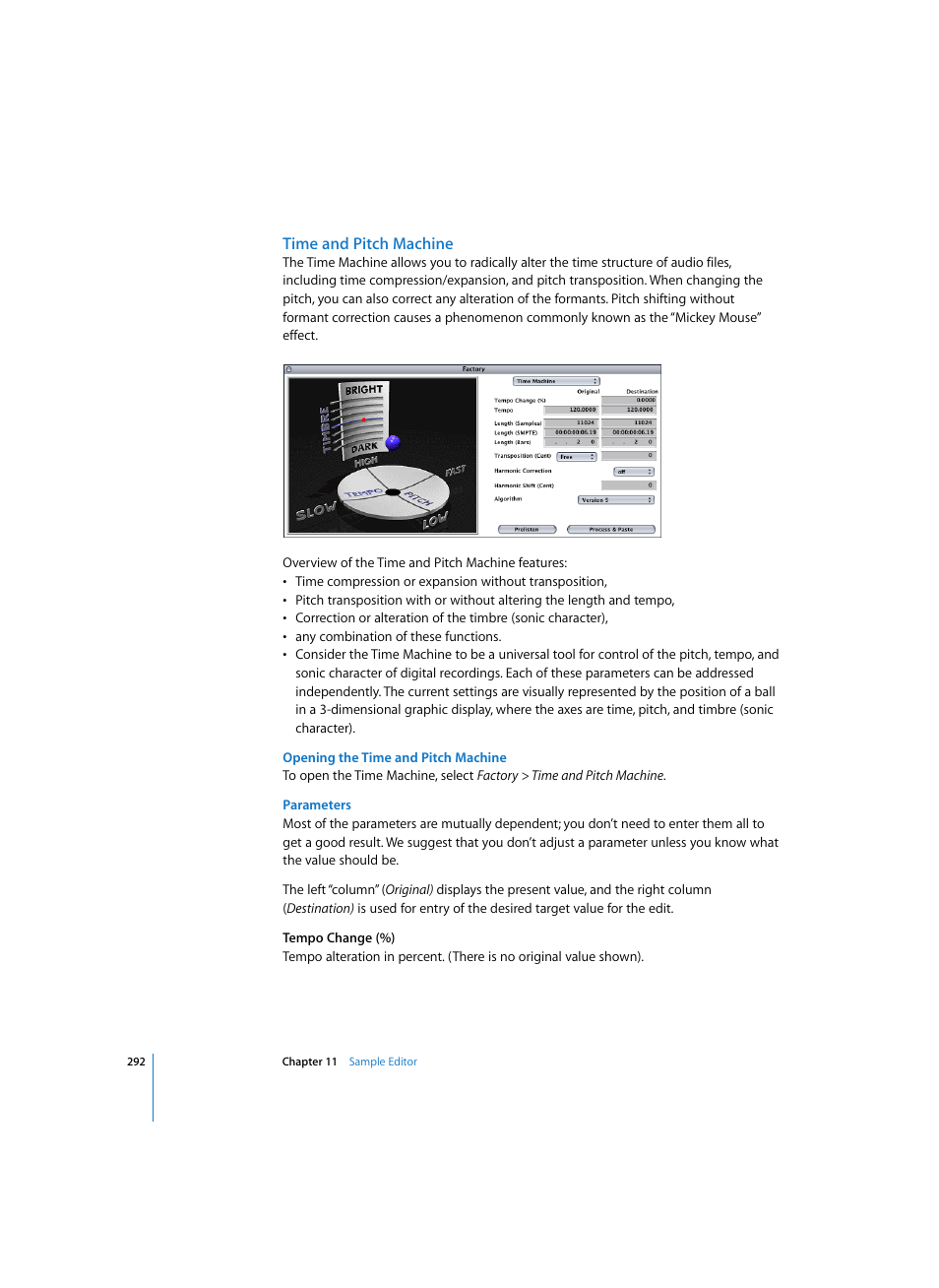 Time and pitch machine, Opening the time and pitch machine, Parameters | Apple Logic Express 7 User Manual | Page 292 / 522