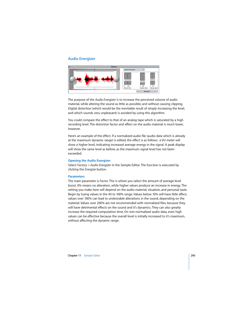 Audio energizer, Opening the audio energizer, Parameters | Apple Logic Express 7 User Manual | Page 295 / 522