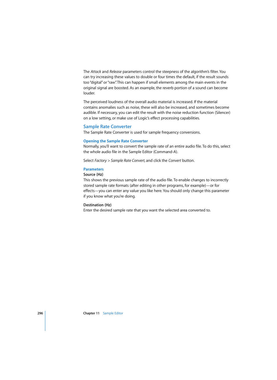 Sample rate converter, Opening the sample rate converter, Parameters | Apple Logic Express 7 User Manual | Page 296 / 522