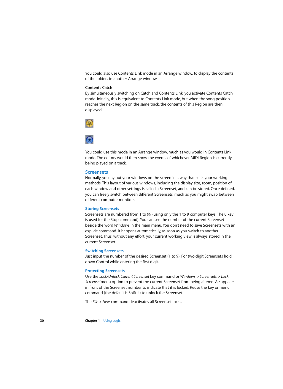 Screensets, Storing screensets, Switching screensets | Protecting screensets | Apple Logic Express 7 User Manual | Page 30 / 522