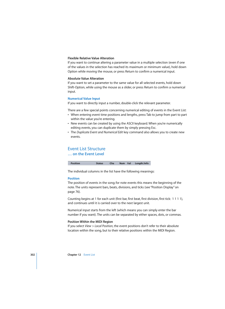 Numerical value input, Event list structure, On the event level | Position | Apple Logic Express 7 User Manual | Page 302 / 522