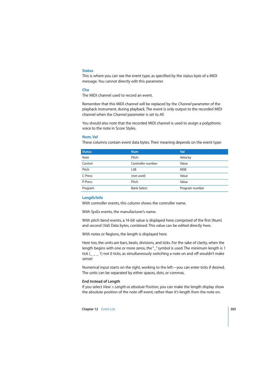 Status, Num, val, Length/info | Apple Logic Express 7 User Manual | Page 303 / 522